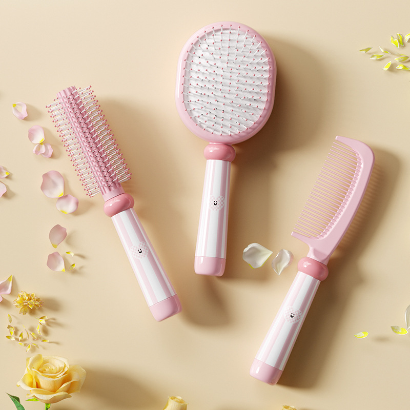 Pink 3-Piece Aesthetic Hair Brush Set - Detangling Air Cushion & Volumising Roller Comb with Hidden Cleaning Claw - Scalp Massage Styling Kit - Image 1