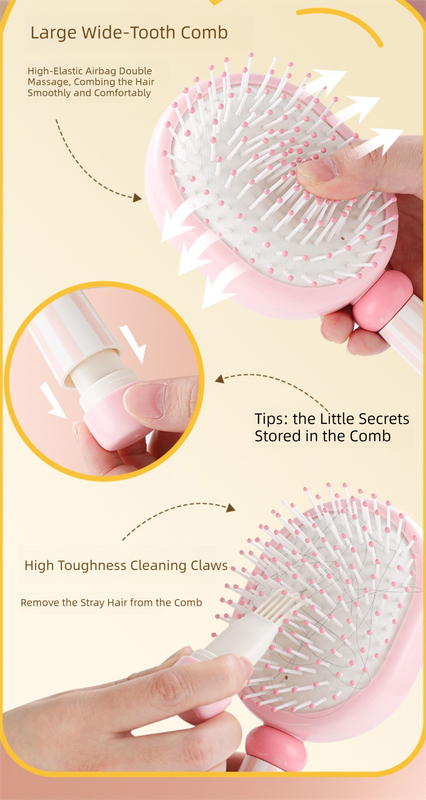 Pink 3-Piece Aesthetic Hair Brush Set - Detangling Air Cushion & Volumising Roller Comb with Hidden Cleaning Claw - Scalp Massage Styling Kit - Image 5