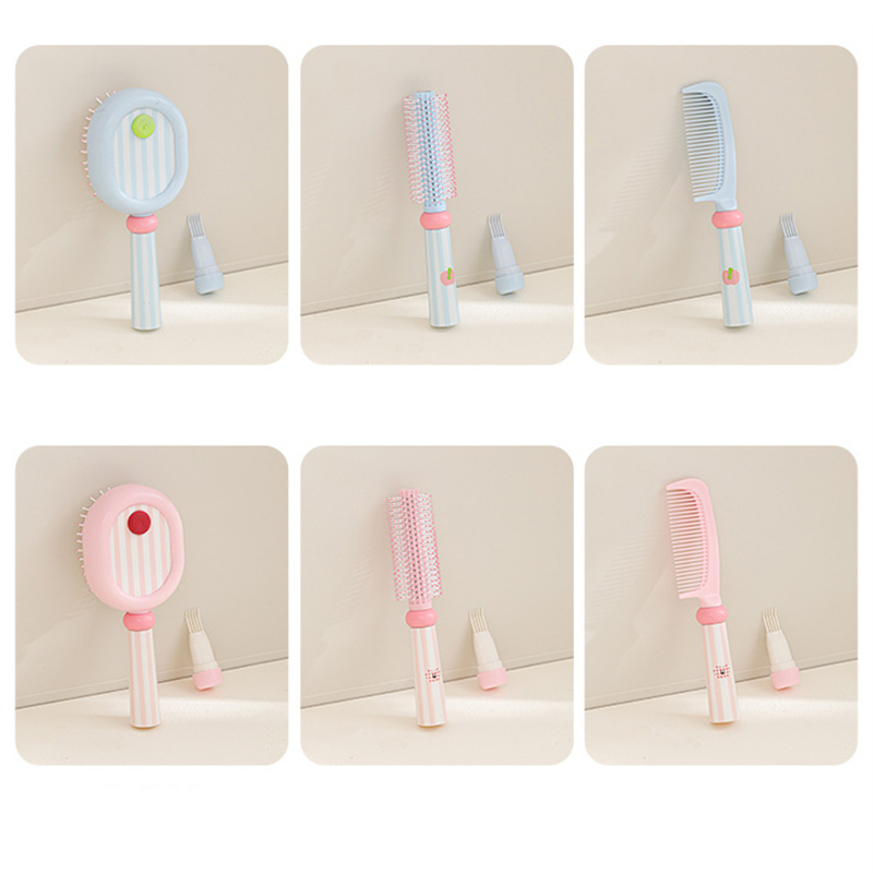 Pink 3-Piece Aesthetic Hair Brush Set - Detangling Air Cushion & Volumising Roller Comb with Hidden Cleaning Claw - Scalp Massage Styling Kit - Image 7