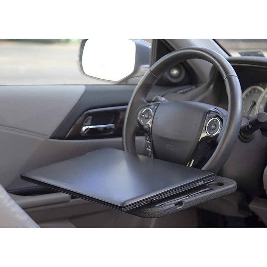 Grey Portable Car Steering Wheel Tray - 2-in-1 Dual Sided Laptop Desk & Food Table with Cup Holder - Universal Auto Interior Accessory for Travel & Mobile Work - Image 3