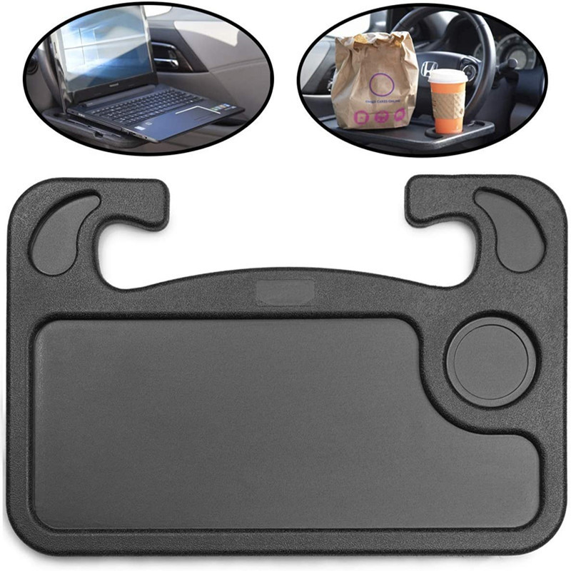 Grey Portable Car Steering Wheel Tray - 2-in-1 Dual Sided Laptop Desk & Food Table with Cup Holder - Universal Auto Interior Accessory for Travel & Mobile Work - Image 4
