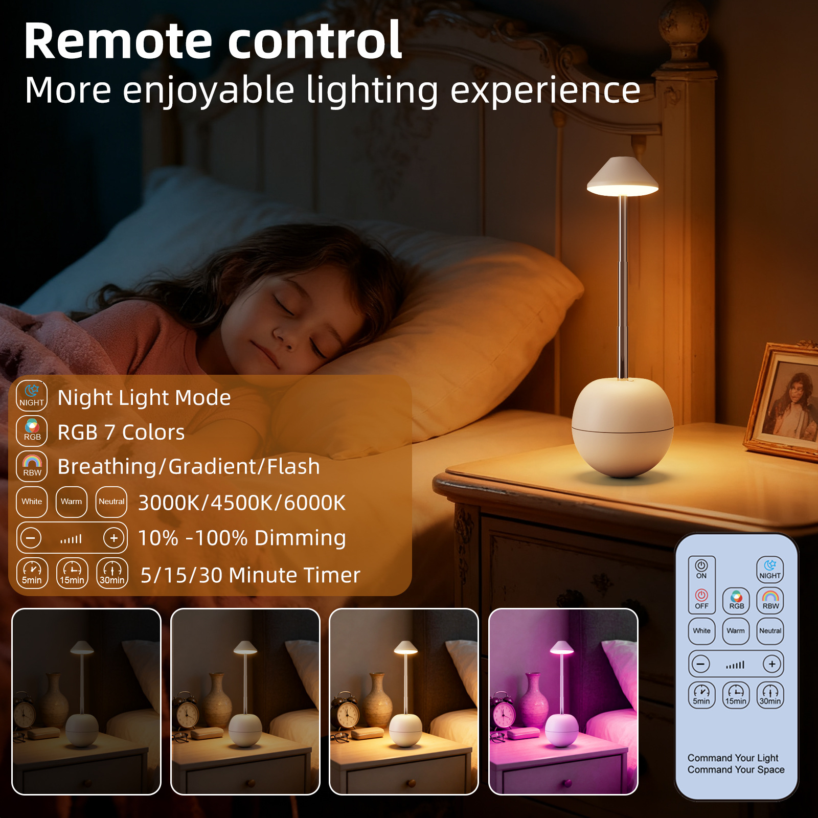 White Creative Tumbler LED Night Light - Rechargeable RGB Desk Lamp with Remote Control - Height Adjustable, Brightness Adjustable, Bedside Ambient Light - Image 5