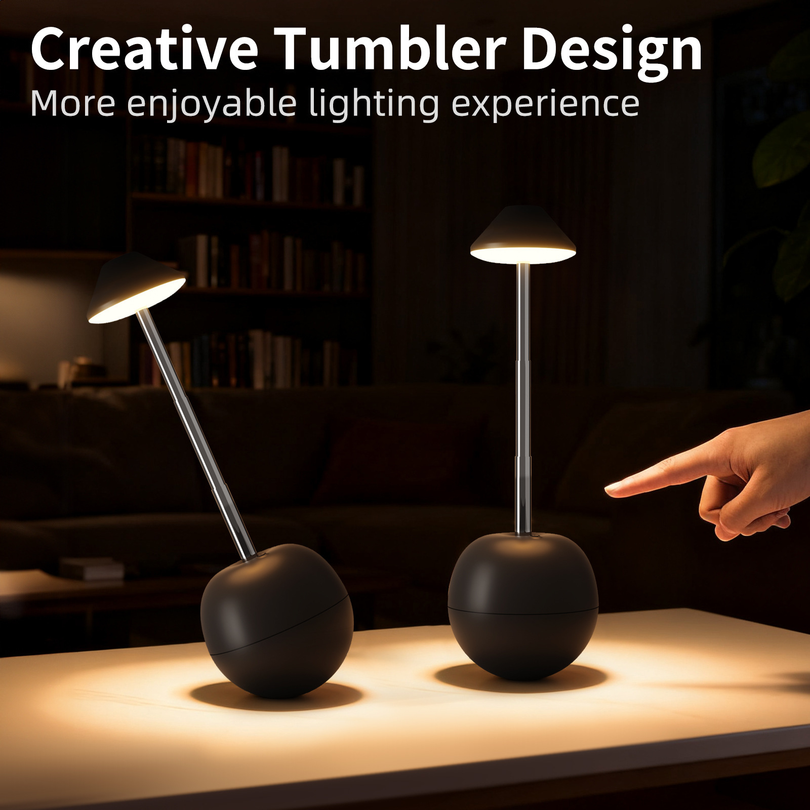 Black Creative Tumbler LED Night Light - Rechargeable RGB Desk Lamp with Remote Control - Height Adjustable, Brightness Adjustable, Bedside Ambient Light - Image 1
