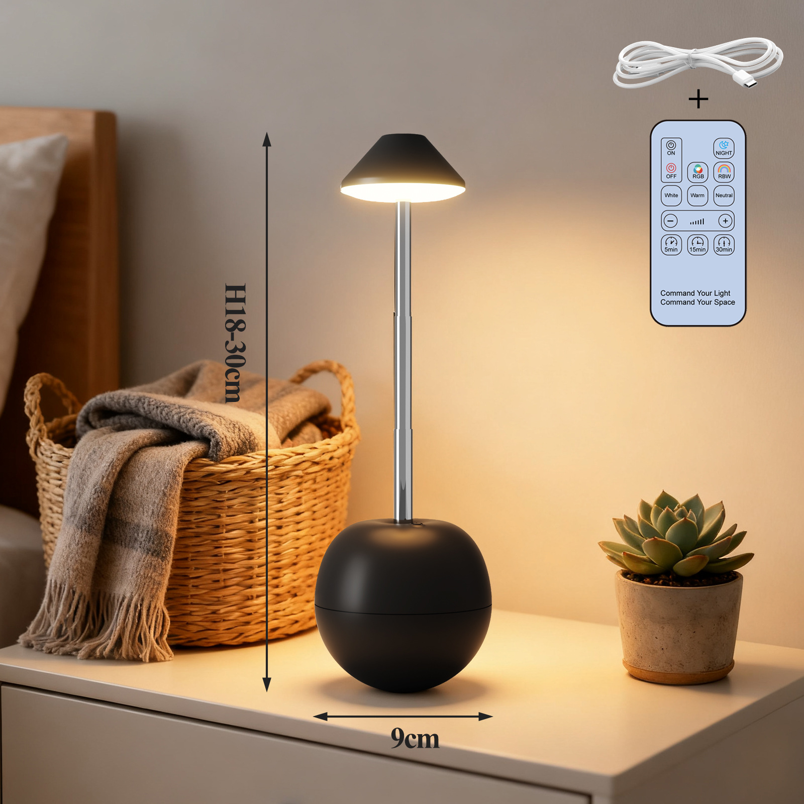Black Creative Tumbler LED Night Light - Rechargeable RGB Desk Lamp with Remote Control - Height Adjustable, Brightness Adjustable, Bedside Ambient Light - Image 2