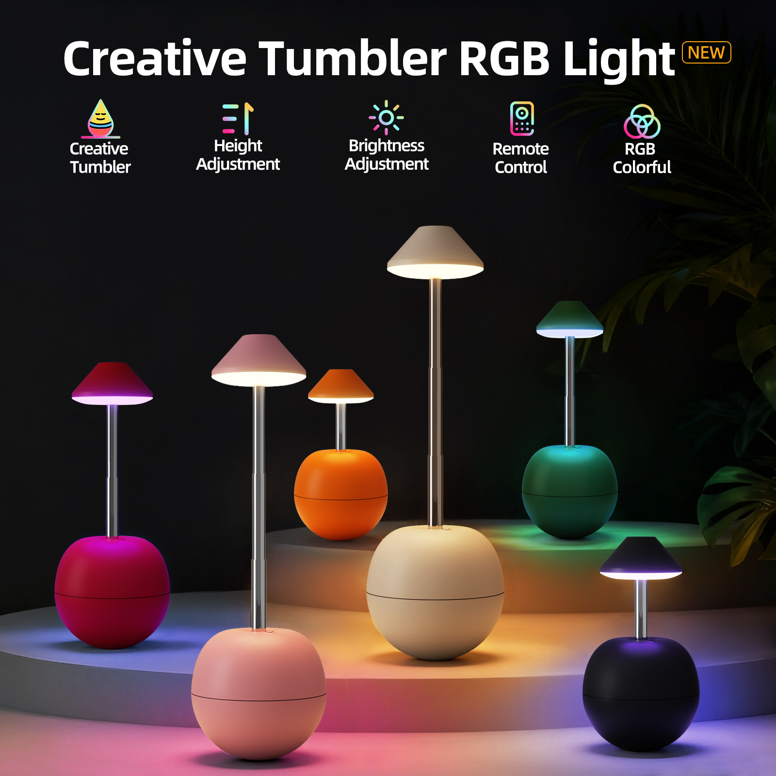 Black Creative Tumbler LED Night Light - Rechargeable RGB Desk Lamp with Remote Control - Height Adjustable, Brightness Adjustable, Bedside Ambient Light - Image 4
