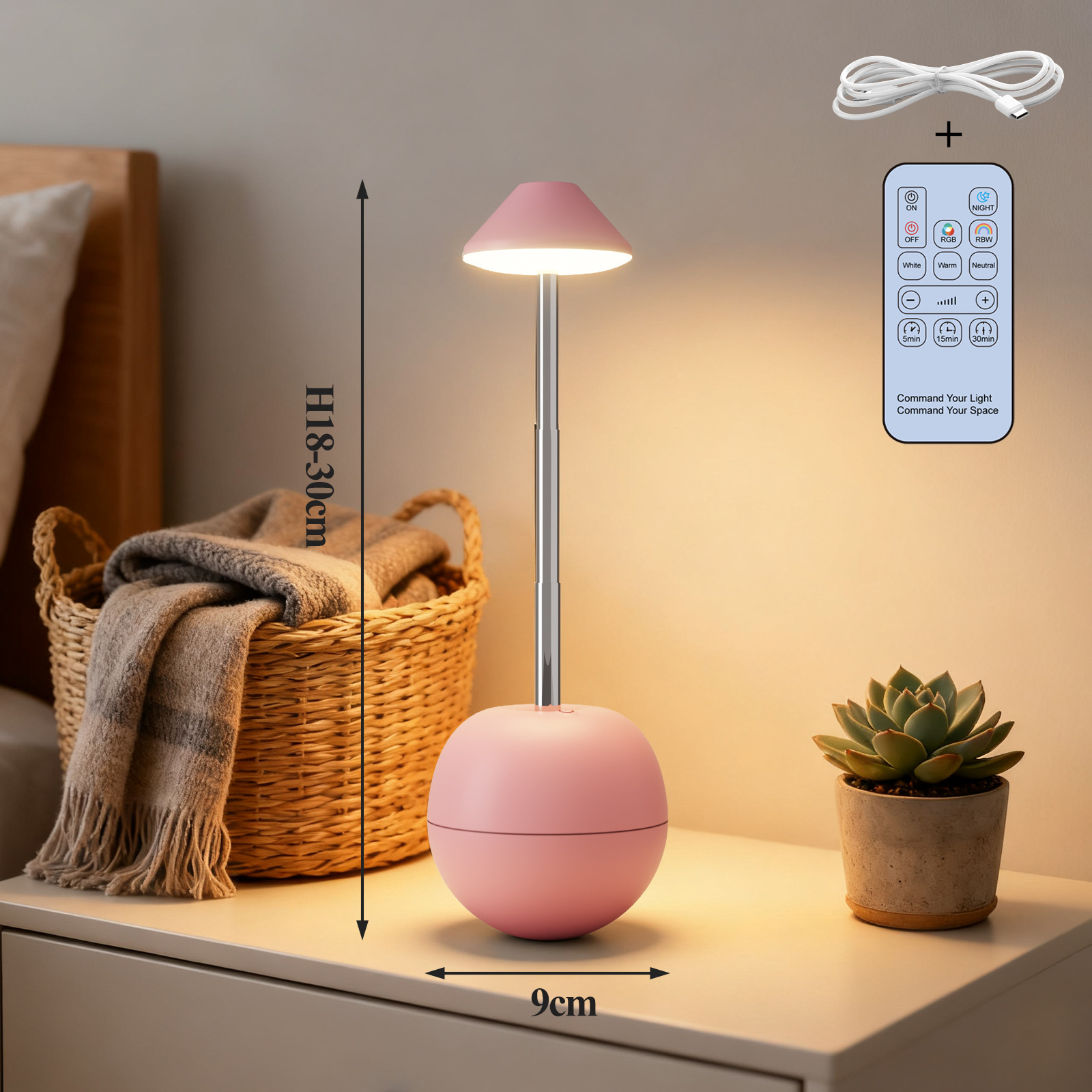 Pink Creative Tumbler LED Night Light - Rechargeable RGB Desk Lamp with Remote Control - Height Adjustable, Brightness Adjustable, Bedside Ambient Light - Image 2