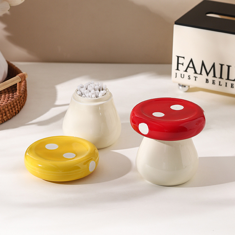 Red Stylish Mushroom Ceramic Toothpick Holder and Cotton Swab Jar for Home Kitchen Table Decor(Excluding cotton swabs, dental floss, etc.) - Image 2