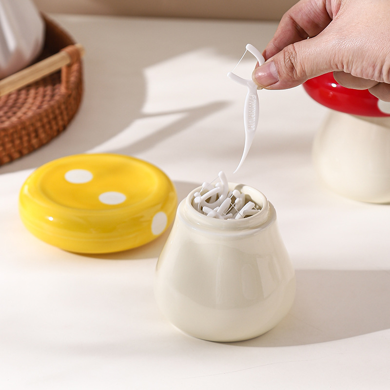 Red Stylish Mushroom Ceramic Toothpick Holder and Cotton Swab Jar for Home Kitchen Table Decor(Excluding cotton swabs, dental floss, etc.) - Image 5
