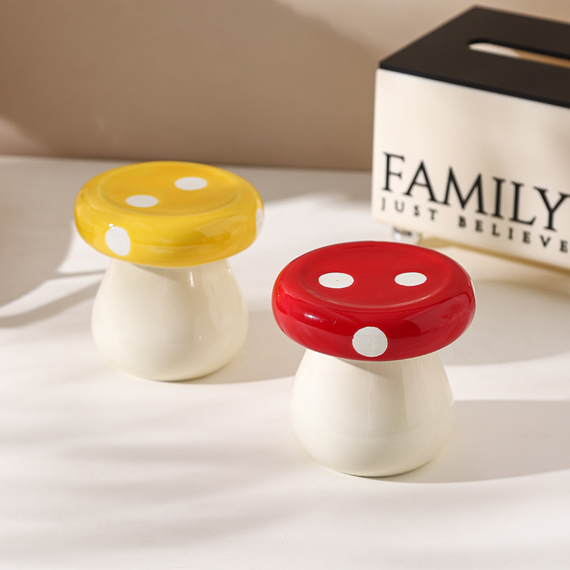 Yellow Stylish Mushroom Ceramic Toothpick Holder and Cotton Swab Jar for Home Kitchen Table Decor(Excluding cotton swabs, dental floss, etc.) - Image 3