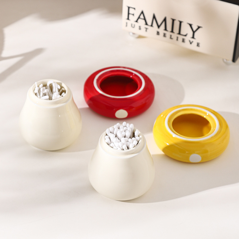 Yellow Stylish Mushroom Ceramic Toothpick Holder and Cotton Swab Jar for Home Kitchen Table Decor(Excluding cotton swabs, dental floss, etc.) - Image 4