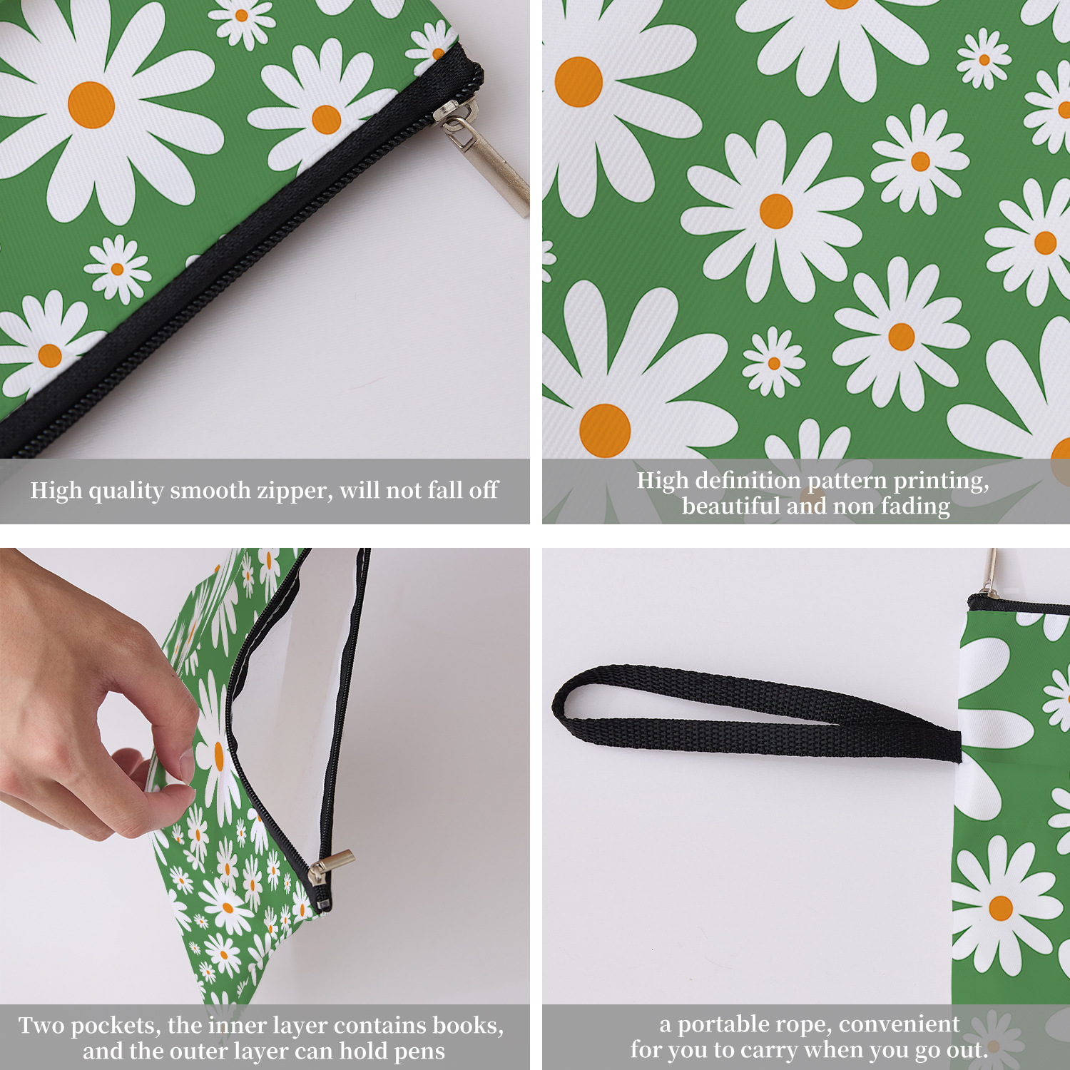 Green Floral pattern book cover with zippered pocket - Lightweight polyester book cover, suitable for books and tablets(BS001) - Image 5