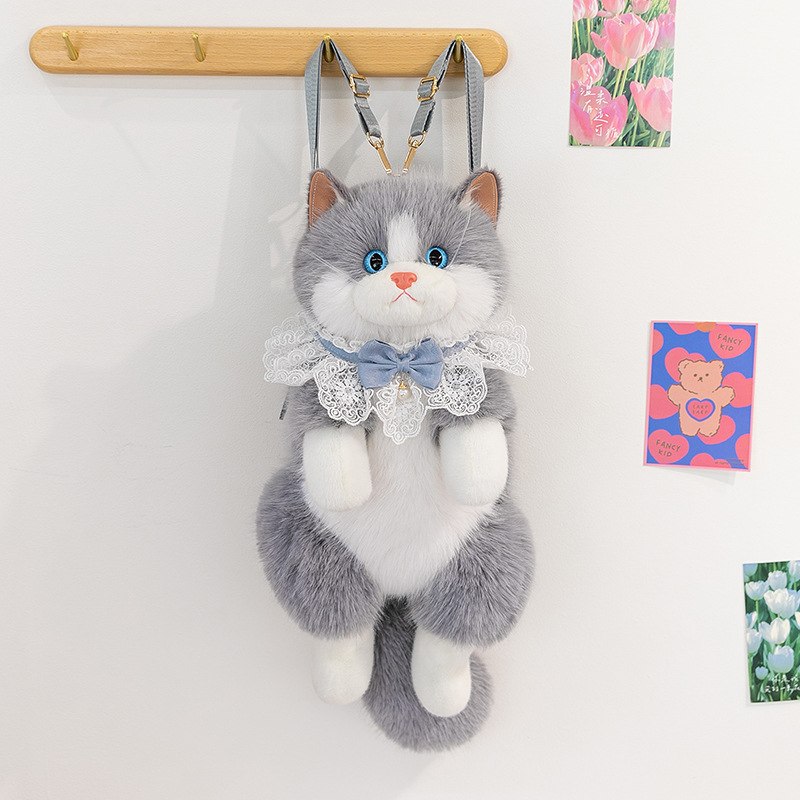 Grey Adorable Plush Cat Backpack - Soft Furry Doll Bag with Zipper Compartment for Girls and Women - Image 1