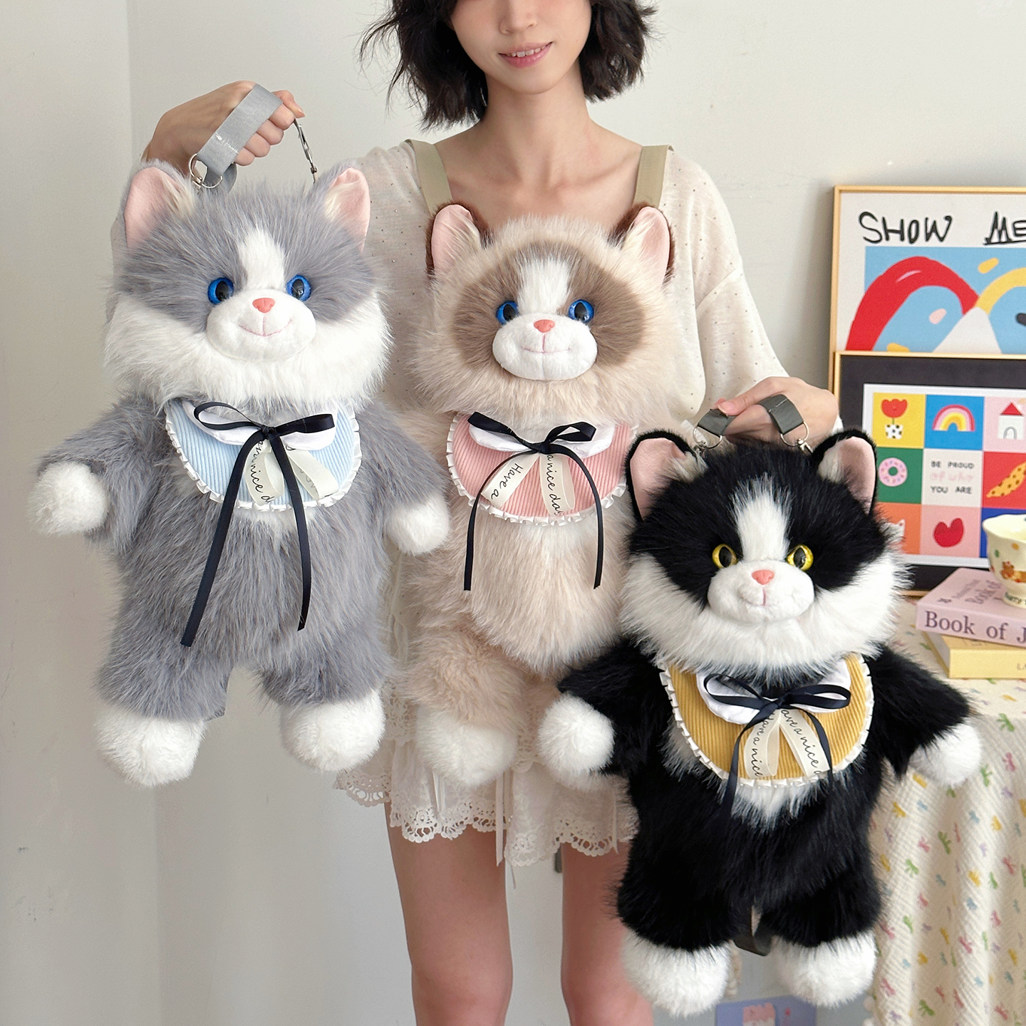 Grey Adorable Plush Cat Backpack - Soft Furry Doll Bag with Zipper Compartment for Girls and Women - Image 2