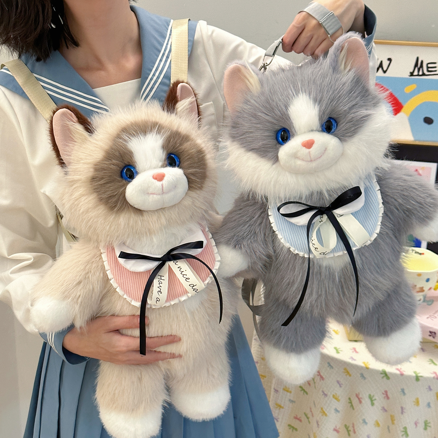 Grey Adorable Plush Cat Backpack - Soft Furry Doll Bag with Zipper Compartment for Girls and Women - Image 3