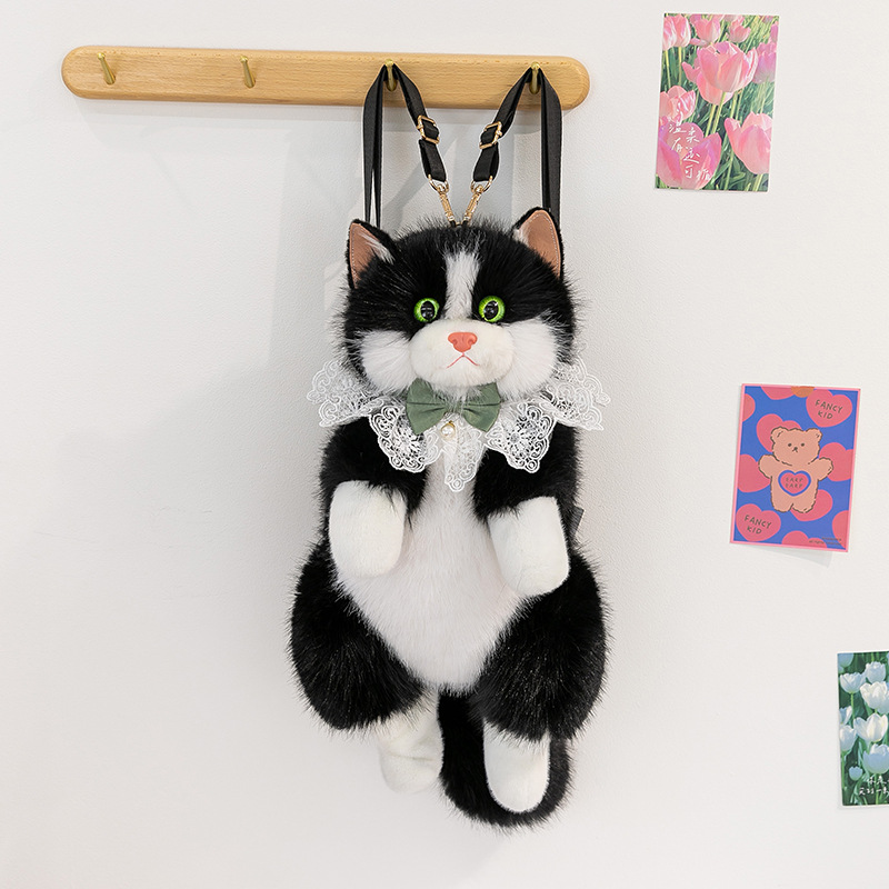 Black Adorable Plush Cat Backpack - Soft Furry Doll Bag with Zipper Compartment for Girls and Women - Image 1