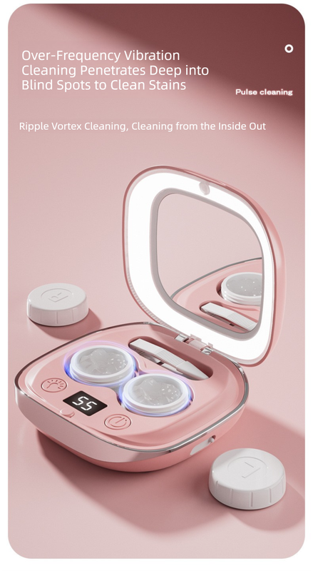 Pink Portable Sonic Wave Contact Lens Cleaner with LED Makeup Mirror - Automatic Electric Lens Cleaning Case for Daily Use - Image 2