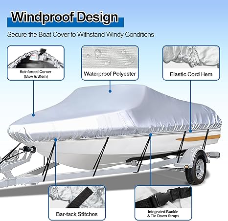 Grey Heavy Duty Waterproof Tarp Covers with Storage Bag, Fits V-Hull, Fish&Ski, Pro-Style, Fishing, Runabout, Bass Boats, 14-16FT(530cm*290cm) - Image 2