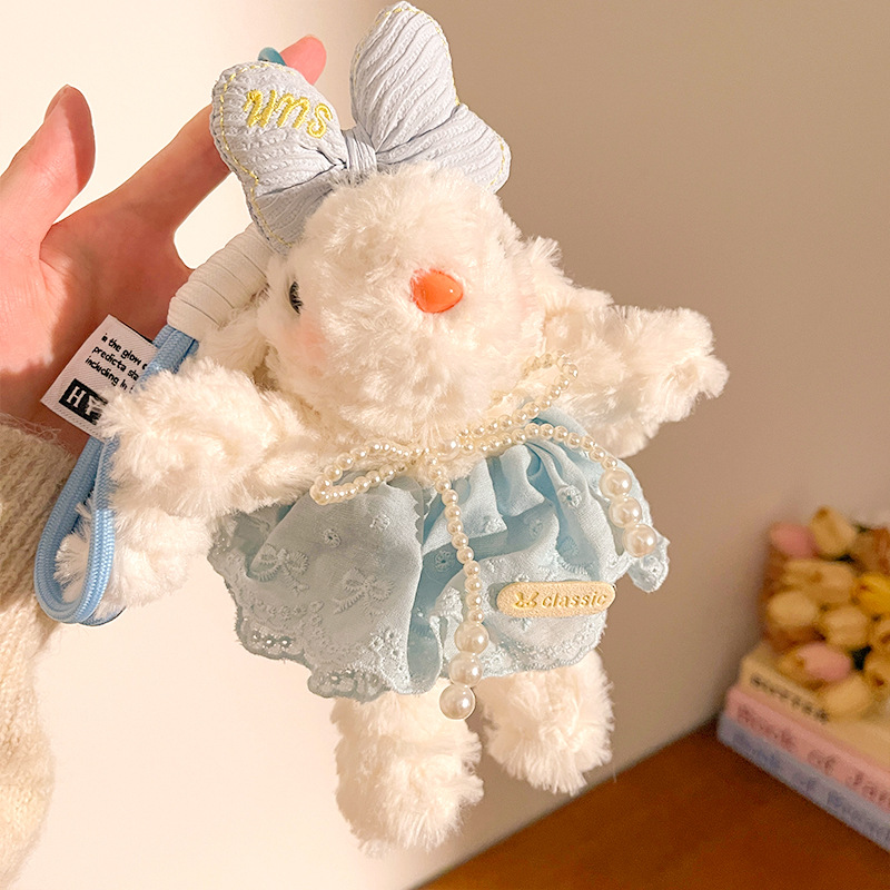 Blue Cute Floppy Eared Bunny Plush Doll with Pearl Necklace and Ribbon Dress - Adorable Keychain or Bag Charm for Girls(F-4973) - Image 1