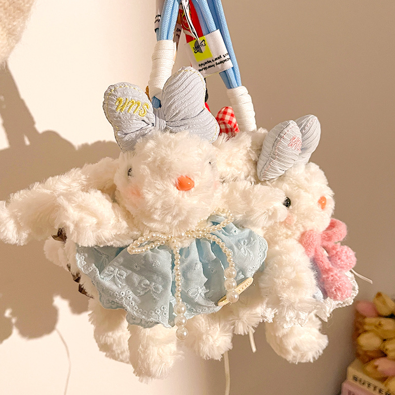 Blue Cute Floppy Eared Bunny Plush Doll with Pearl Necklace and Ribbon Dress - Adorable Keychain or Bag Charm for Girls(F-4973) - Image 3