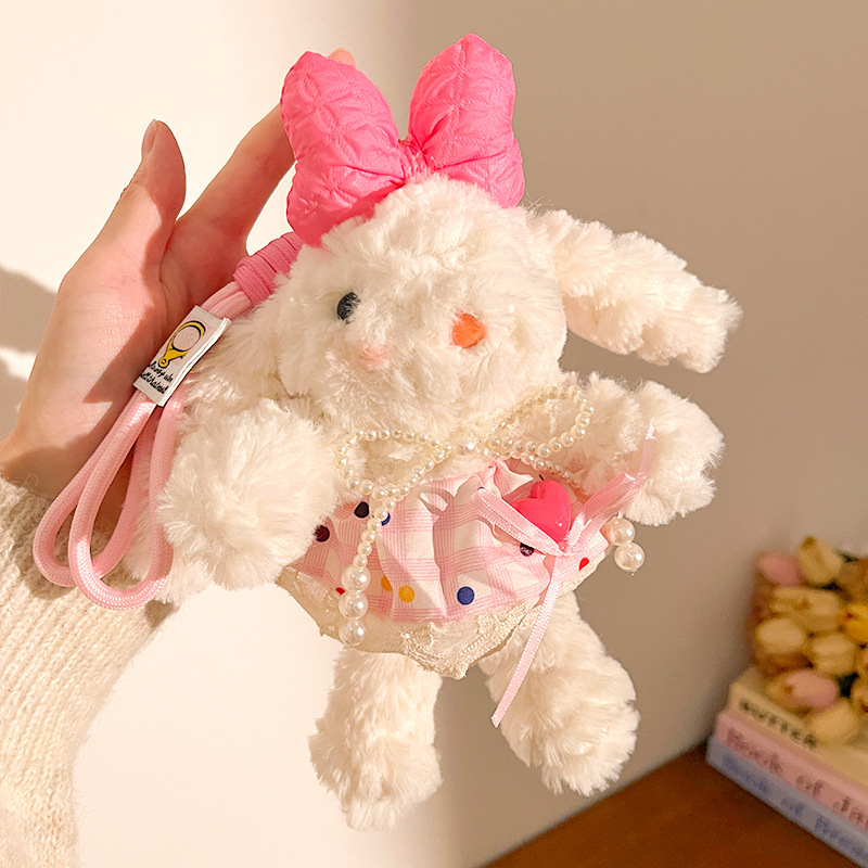 Pink Cute Floppy Eared Bunny Plush Doll with Pearl Necklace and Ribbon Dress - Adorable Keychain or Bag Charm for Girls(F-4975) - Image 1