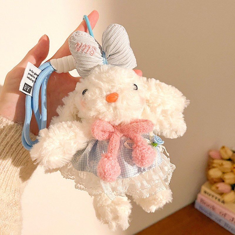 Blue and Pink Cute Floppy Eared Bunny Plush Doll with Pearl Necklace and Ribbon Dress - Adorable Keychain or Bag Charm for Girls(F-4976) - Image 1