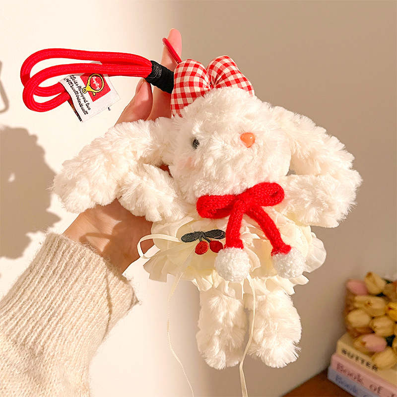 Red Cute Floppy Eared Bunny Plush Doll with Pearl Necklace and Ribbon Dress - Adorable Keychain or Bag Charm for Girls(F-4977) - Image 1