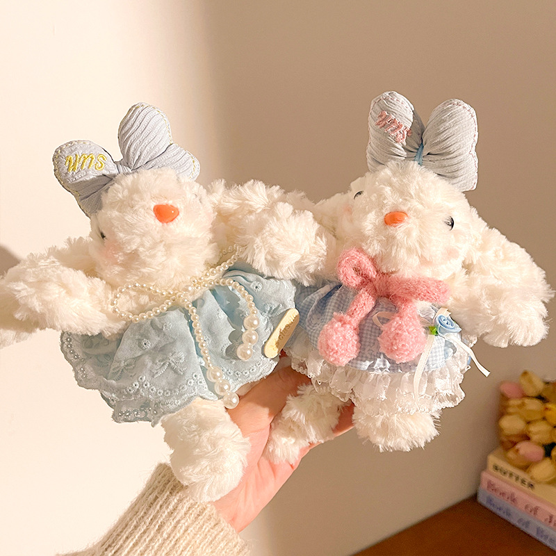 Red Cute Floppy Eared Bunny Plush Doll with Pearl Necklace and Ribbon Dress - Adorable Keychain or Bag Charm for Girls(F-4977) - Image 2