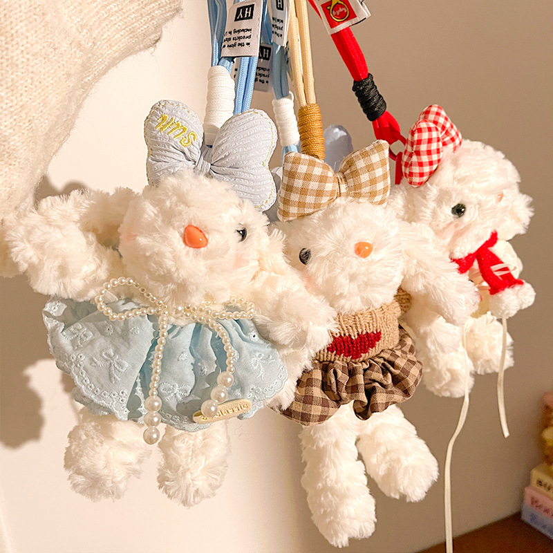 Red Cute Floppy Eared Bunny Plush Doll with Pearl Necklace and Ribbon Dress - Adorable Keychain or Bag Charm for Girls(F-4977) - Image 4
