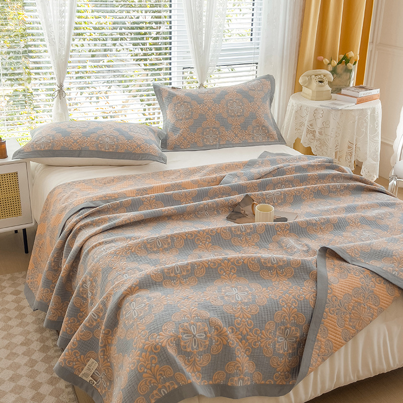 Grey and Orange Cotton Three-Layer Gauze Bed Cover Set - Reversible Vintage Printed Blanket with Two Pillowcases for Year-Round Use(200*230cm) - Image 1