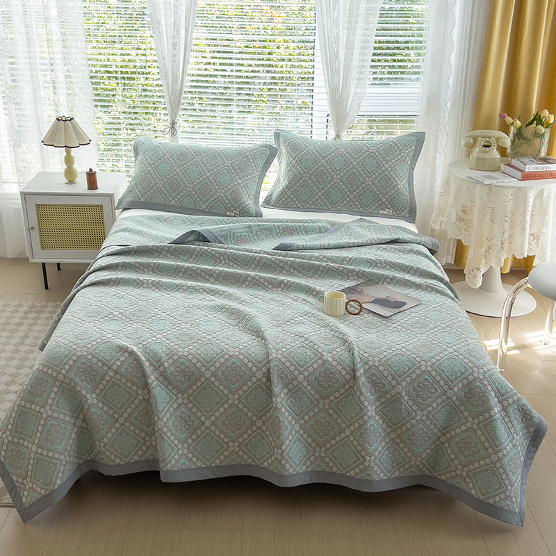 Grey and Green Cotton Three-Layer Gauze Bed Cover Set - Reversible Vintage Printed Blanket with Two Pillowcases for Year-Round Use(120*150cm) - Image 1