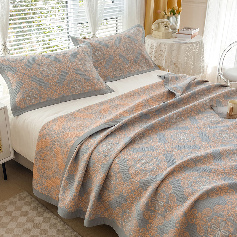Grey and Green Cotton Three-Layer Gauze Bed Cover Set - Reversible Vintage Printed Blanket with Two Pillowcases for Year-Round Use(120*150cm) - Image 4