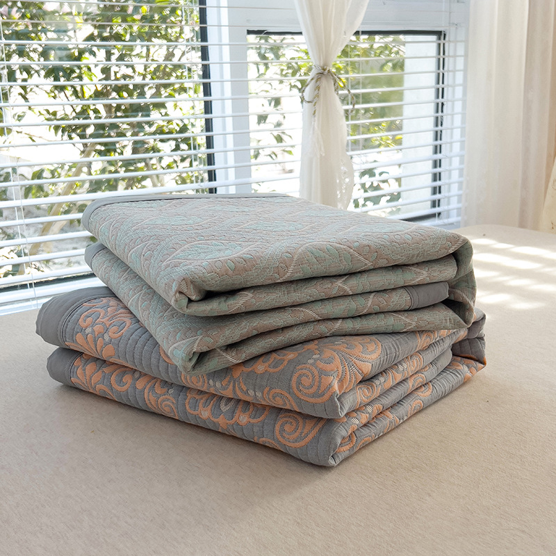 Grey and Green Cotton Three-Layer Gauze Bed Cover Set - Reversible Vintage Printed Blanket with Two Pillowcases for Year-Round Use(150*200cm) - Image 2