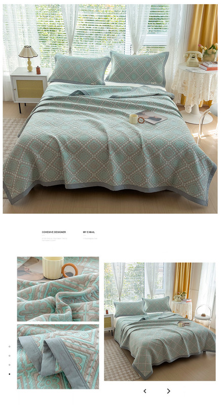 Grey and Green Cotton Three-Layer Gauze Bed Cover Set - Reversible Vintage Printed Blanket with Two Pillowcases for Year-Round Use(150*200cm) - Image 3