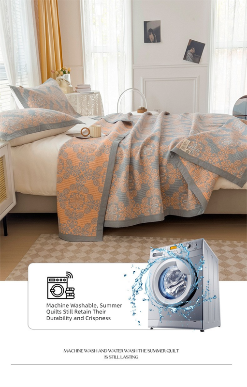 Grey and Green Cotton Three-Layer Gauze Bed Cover Set - Reversible Vintage Printed Blanket with Two Pillowcases for Year-Round Use(150*200cm) - Image 7