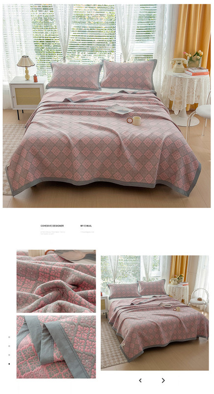 Grey and Pink Cotton Three-Layer Gauze Bed Cover Set - Reversible Vintage Printed Blanket with Two Pillowcases for Year-Round Use(120*150cm) - Image 3