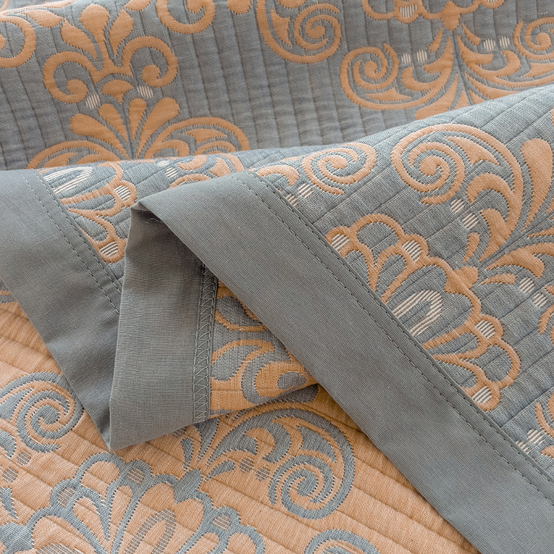Grey and Pink Cotton Three-Layer Gauze Bed Cover Set - Reversible Vintage Printed Blanket with Two Pillowcases for Year-Round Use(120*150cm) - Image 5