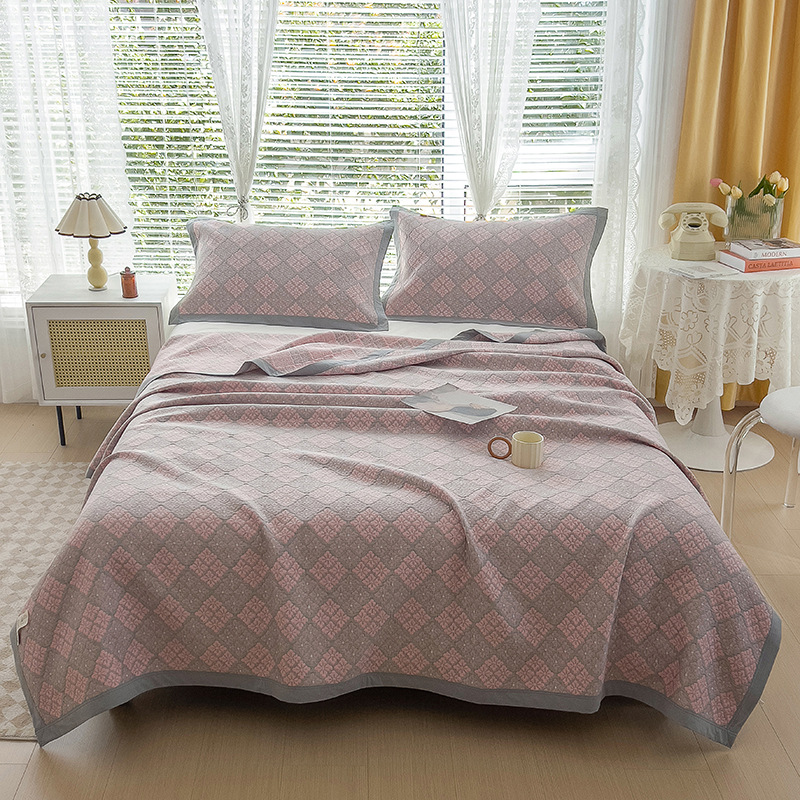 Grey and Pink Cotton Three-Layer Gauze Bed Cover Set - Reversible Vintage Printed Blanket with Two Pillowcases for Year-Round Use(150*200cm) - Image 1