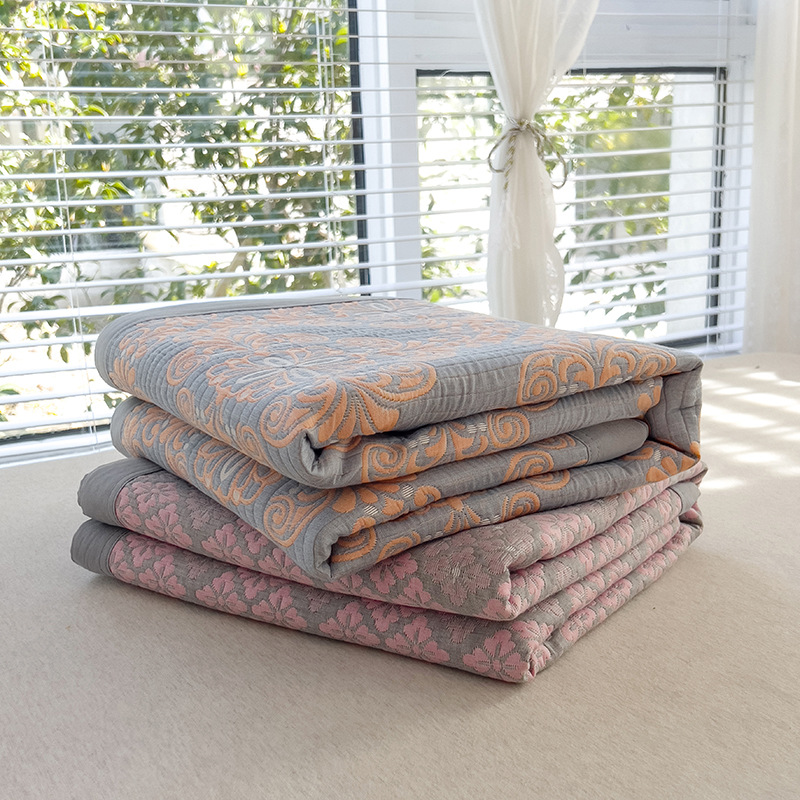 Grey and Pink Cotton Three-Layer Gauze Bed Cover Set - Reversible Vintage Printed Blanket with Two Pillowcases for Year-Round Use(200*230cm) - Image 2