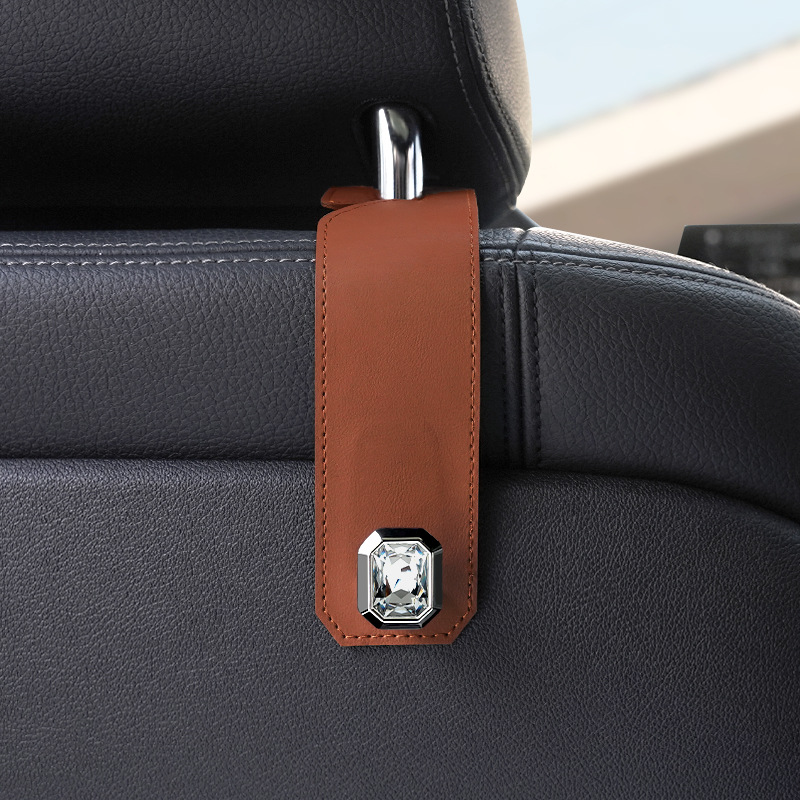 Brown Car Multi-Functional PU Leather Hook with Crystal Decoration – Hidden Storage Hook for Front and Rear Seats (Set of 2) - Image 1