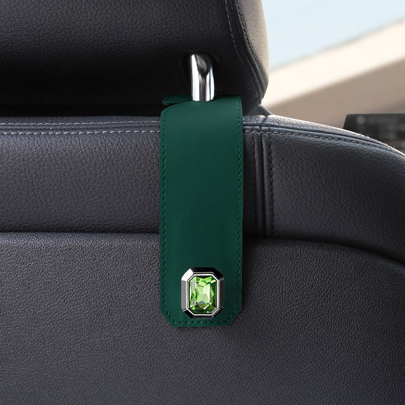 Green Car Multi-Functional PU Leather Hook with Crystal Decoration – Hidden Storage Hook for Front and Rear Seats (Set of 2) - Image 1