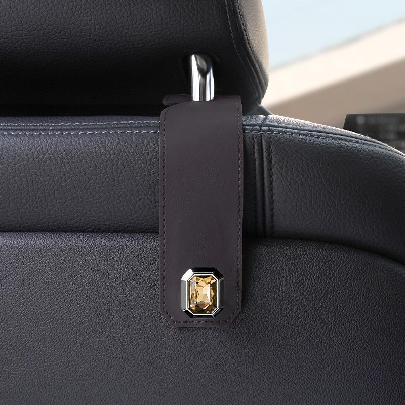 Grey Car Multi-Functional PU Leather Hook with Crystal Decoration – Hidden Storage Hook for Front and Rear Seats (Set of 2) - Image 1