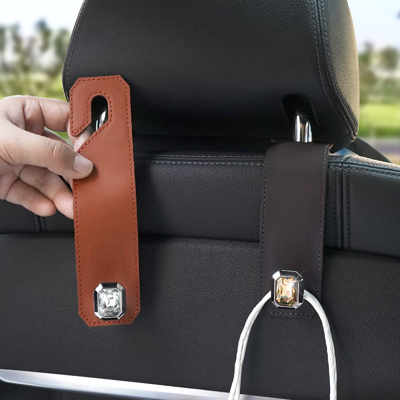 Grey Car Multi-Functional PU Leather Hook with Crystal Decoration – Hidden Storage Hook for Front and Rear Seats (Set of 2) - Image 2