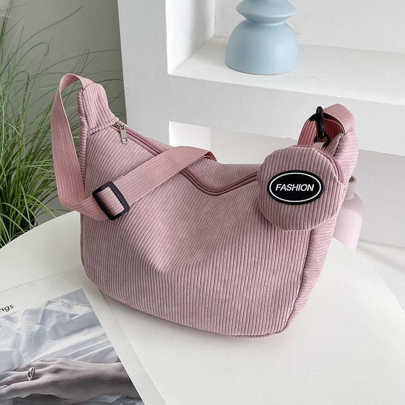 Pink Minimalist Corduroy Crossbody Bag – Large Capacity Single Shoulder & Diagonal Sling Bag in Korean Style - Image 1
