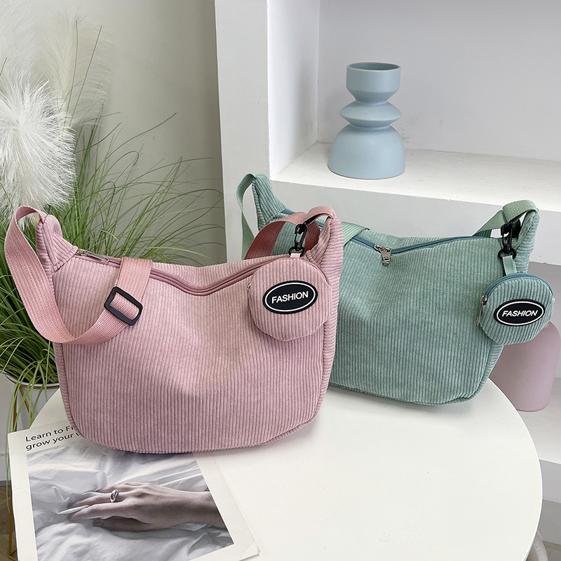 Pink Minimalist Corduroy Crossbody Bag – Large Capacity Single Shoulder & Diagonal Sling Bag in Korean Style - Image 3