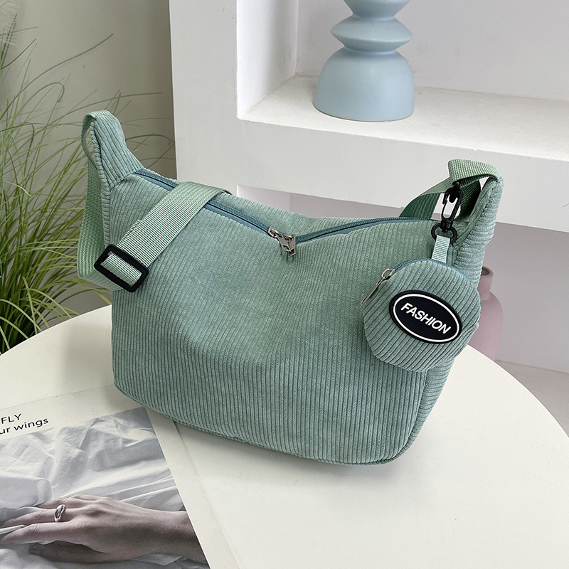 Green Minimalist Corduroy Crossbody Bag – Large Capacity Single Shoulder & Diagonal Sling Bag in Korean Style - Image 1