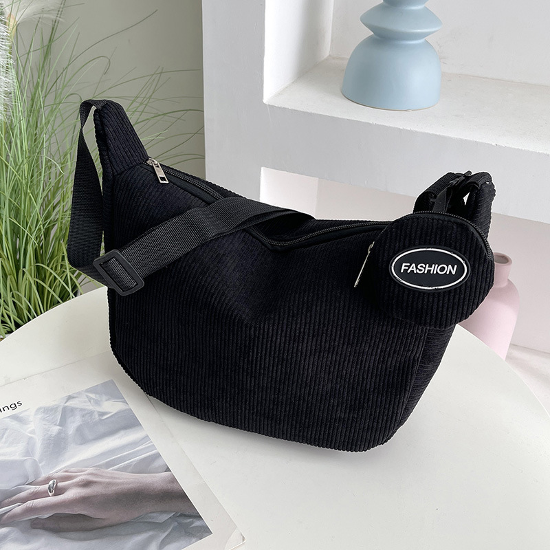 Black Minimalist Corduroy Crossbody Bag – Large Capacity Single Shoulder & Diagonal Sling Bag in Korean Style - Image 1