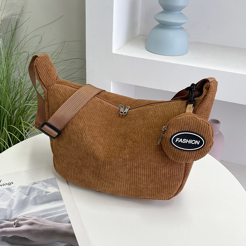Brown Minimalist Corduroy Crossbody Bag – Large Capacity Single Shoulder & Diagonal Sling Bag in Korean Style - Image 1