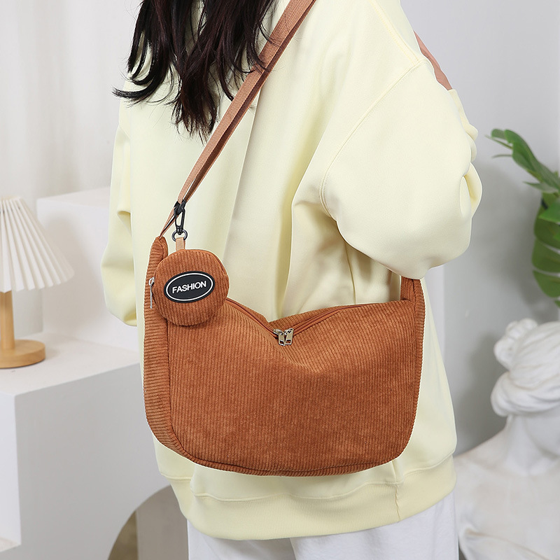 Brown Minimalist Corduroy Crossbody Bag – Large Capacity Single Shoulder & Diagonal Sling Bag in Korean Style - Image 2