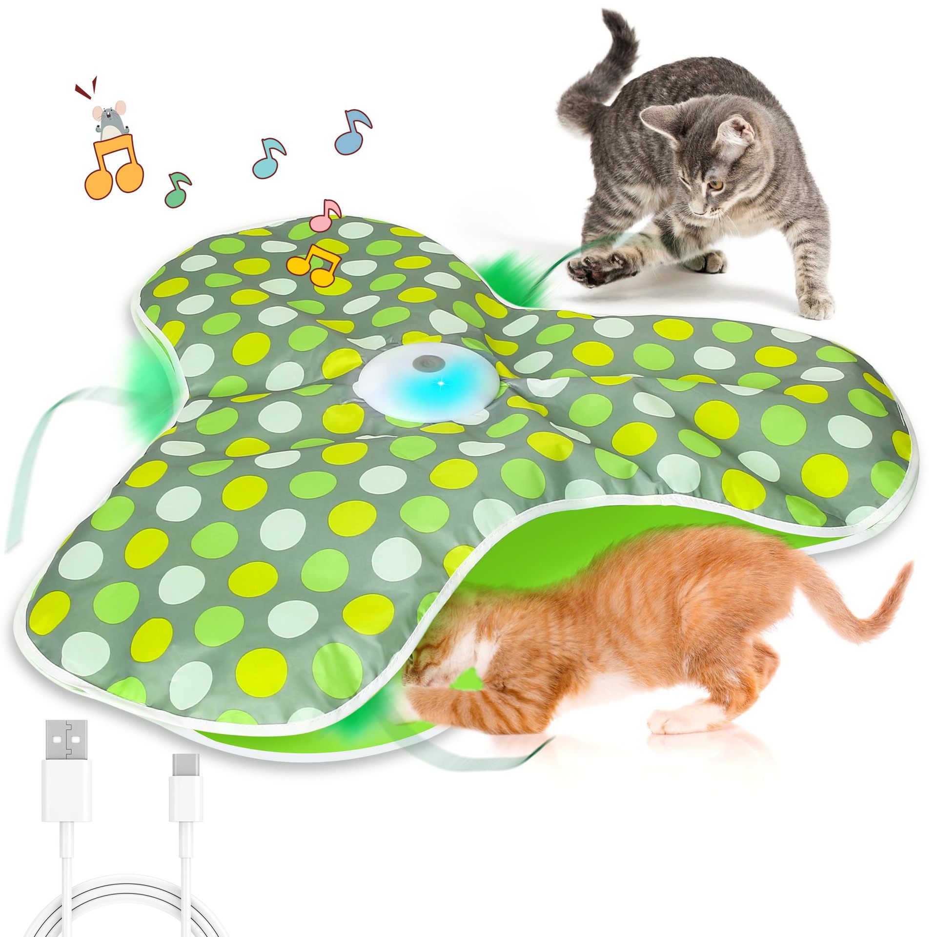 Green Interactive Cat Toys Rechargeable,Moving Concealed Feathers,Real Mouse Squeaky,Touch Activated Cat Kitten Toy Exercise Toys for Indoor Bored Adult Cats - Image 1