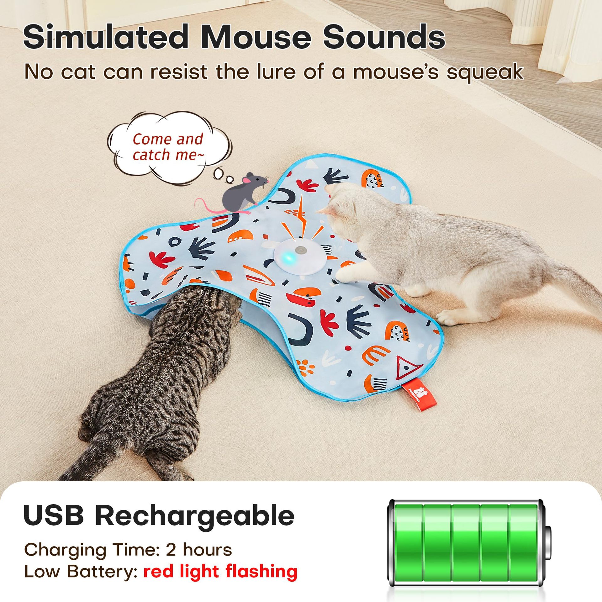 Green Interactive Cat Toys Rechargeable,Moving Concealed Feathers,Real Mouse Squeaky,Touch Activated Cat Kitten Toy Exercise Toys for Indoor Bored Adult Cats - Image 5